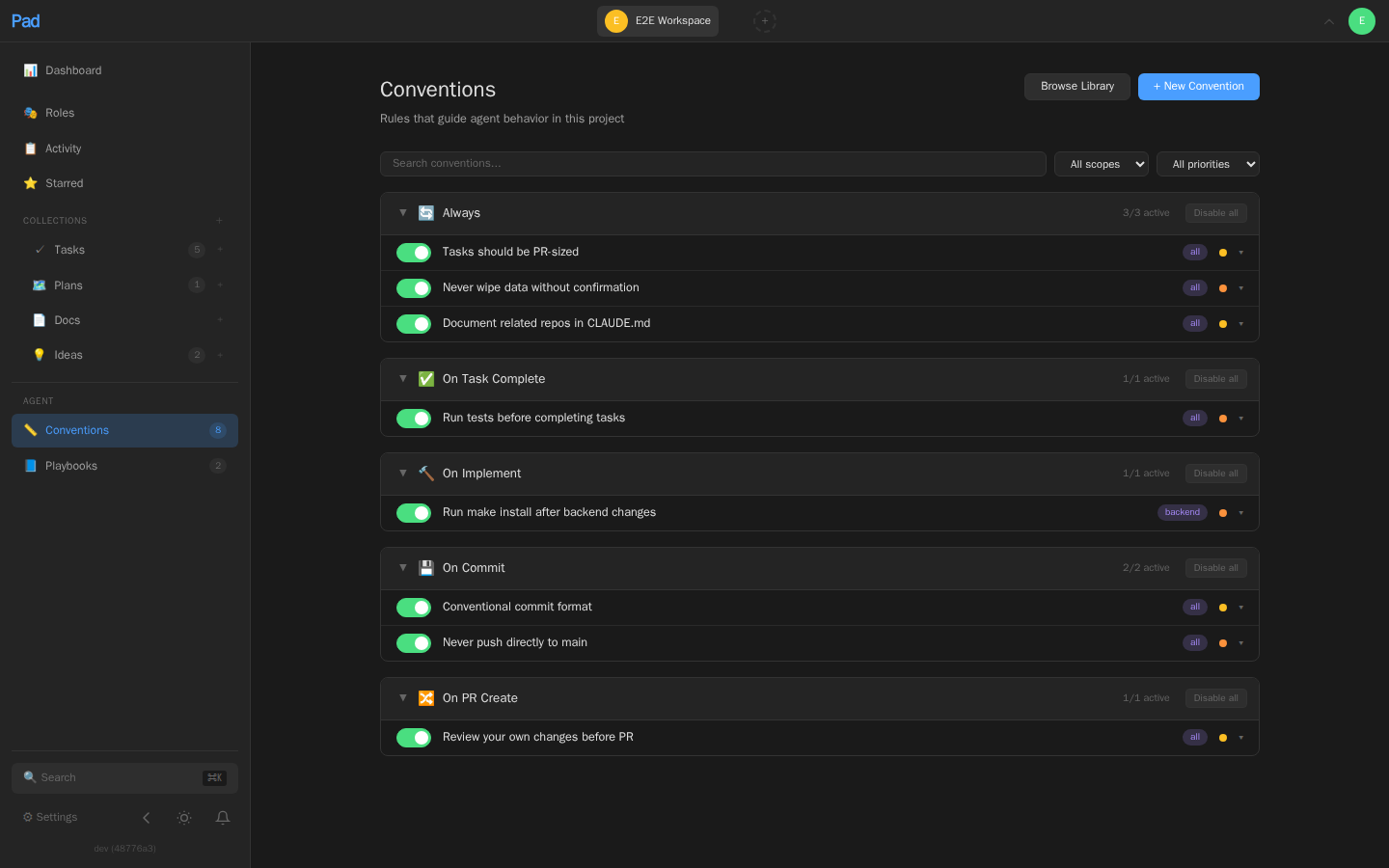 Pad's Conventions page — conventions grouped by trigger, with one-click toggles to enable or disable each rule and a Disable all button per group.