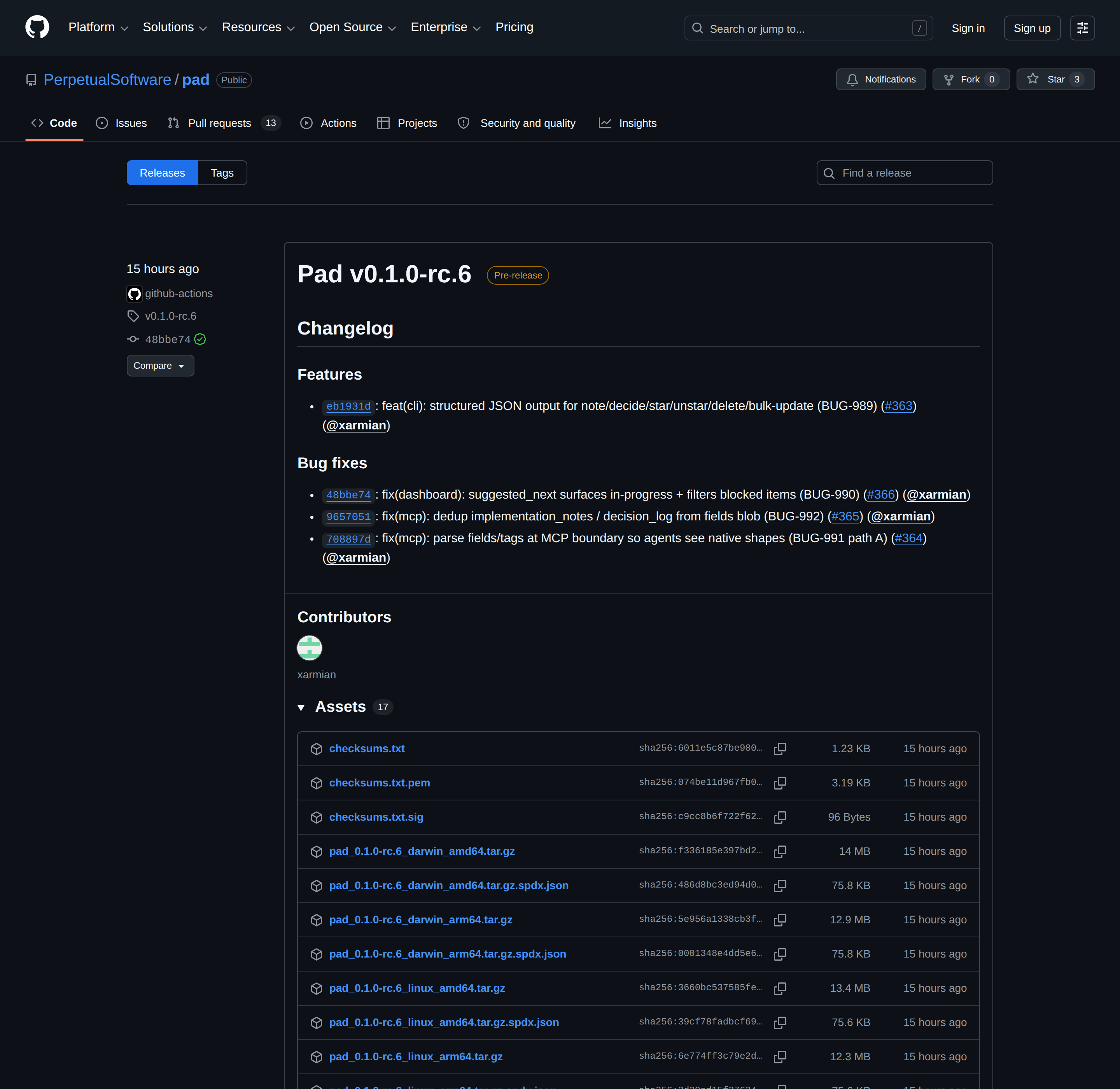 Pad's GitHub Releases page — every release includes the eight signed binaries, eight SPDX JSON SBOMs, and a signed checksums file. SLSA provenance is stored separately in GitHub's attestation store.